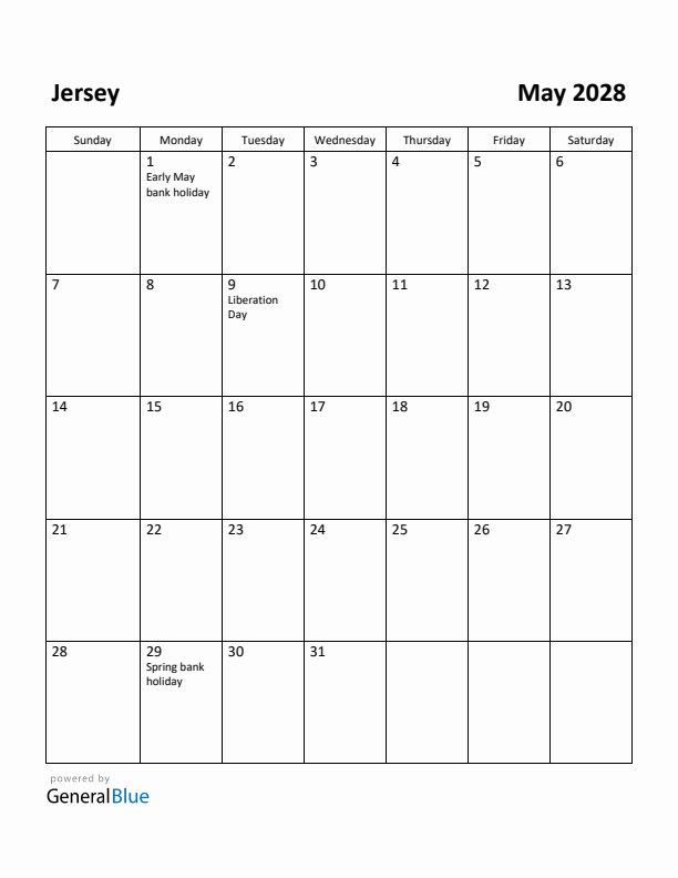 May 2028 Calendar with Jersey Holidays