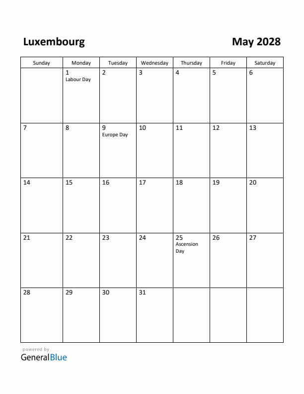 May 2028 Calendar with Luxembourg Holidays