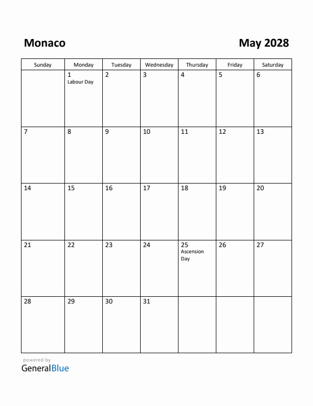 May 2028 Calendar with Monaco Holidays