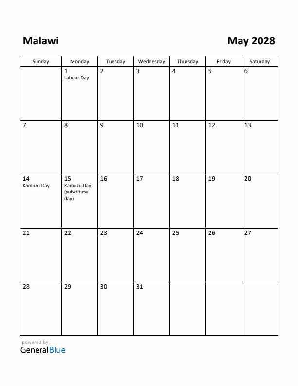 May 2028 Calendar with Malawi Holidays