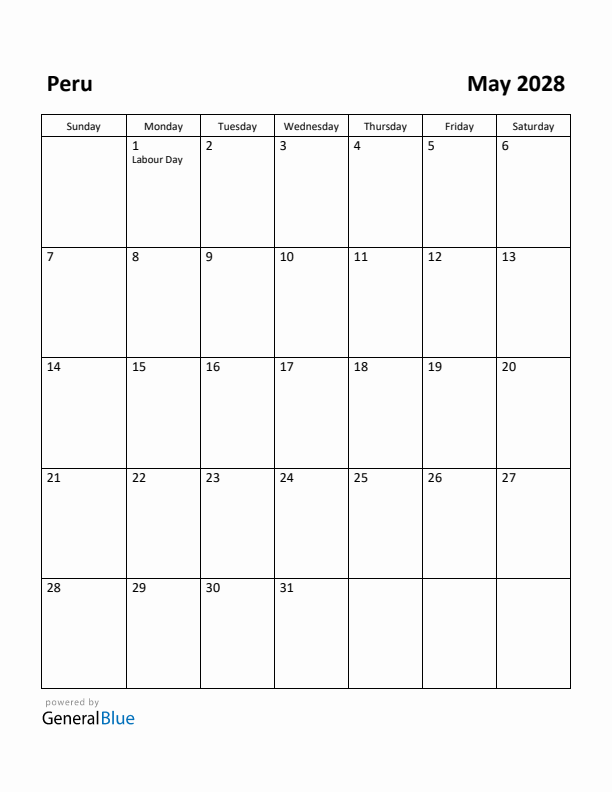 May 2028 Calendar with Peru Holidays