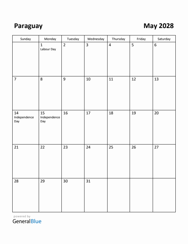 May 2028 Calendar with Paraguay Holidays