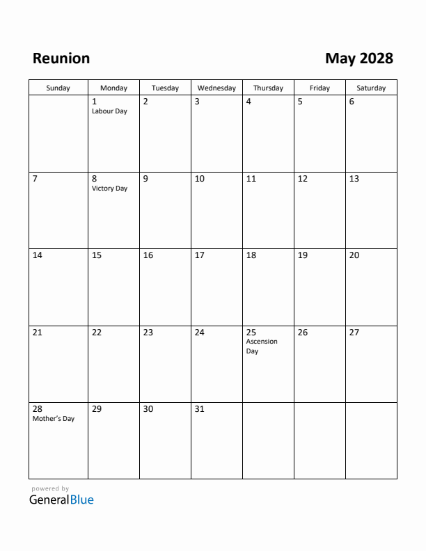 May 2028 Calendar with Reunion Holidays