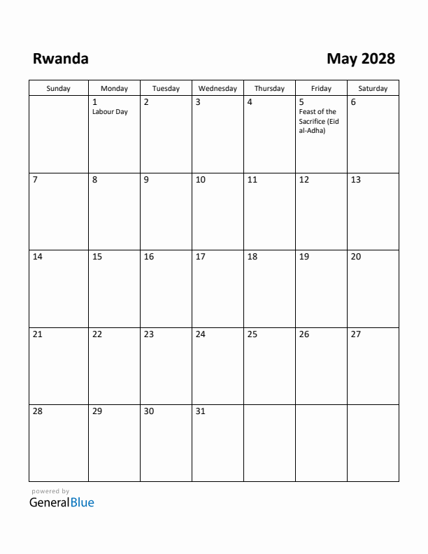 May 2028 Calendar with Rwanda Holidays