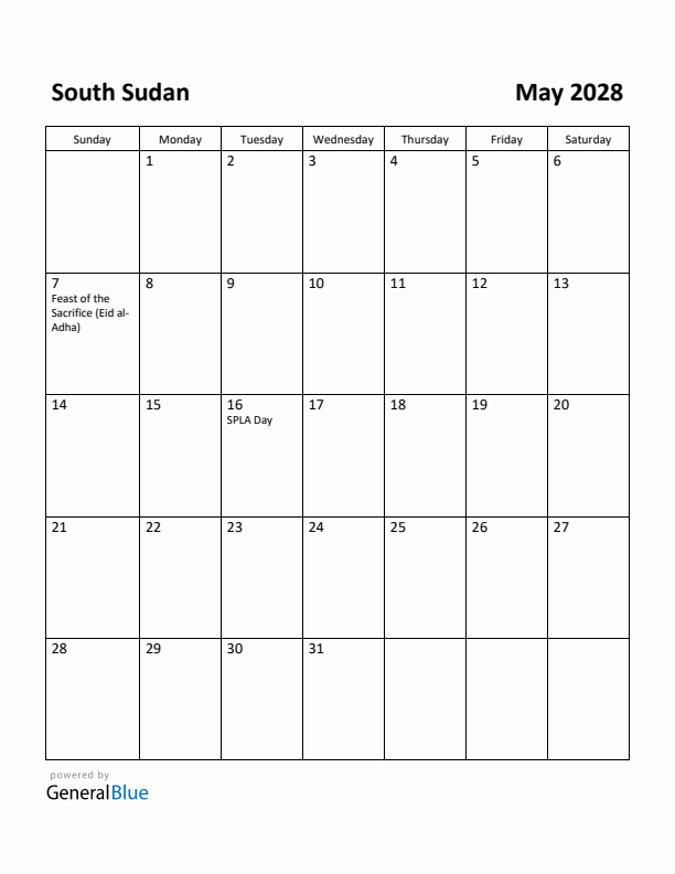 May 2028 Calendar with South Sudan Holidays