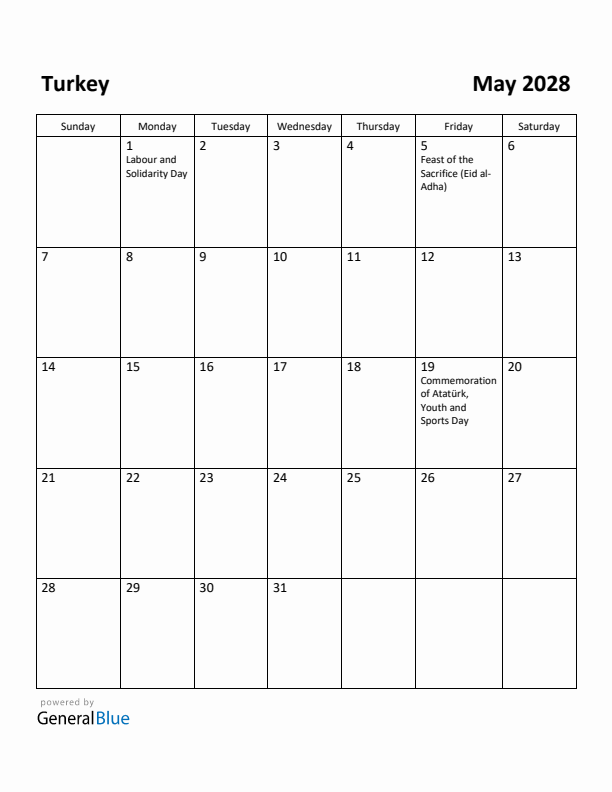 May 2028 Calendar with Turkey Holidays