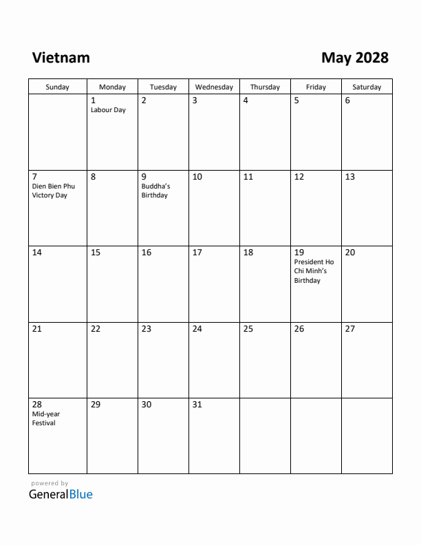 May 2028 Calendar with Vietnam Holidays