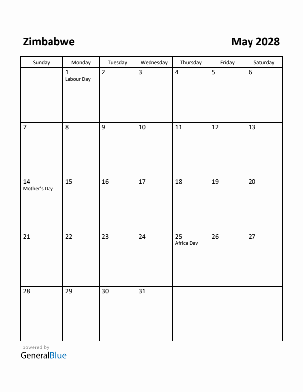 May 2028 Calendar with Zimbabwe Holidays