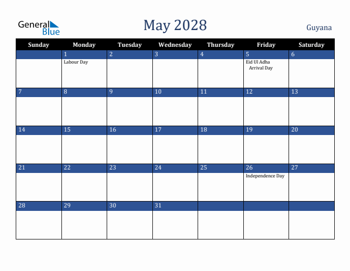 May 2028 Guyana Calendar (Sunday Start)