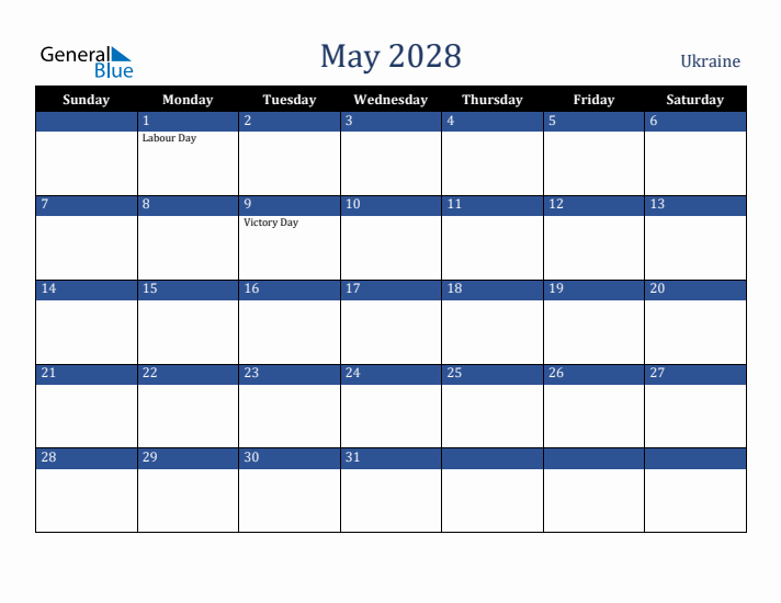 May 2028 Ukraine Calendar (Sunday Start)