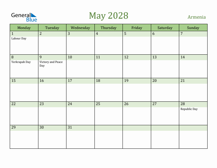 May 2028 Calendar with Armenia Holidays