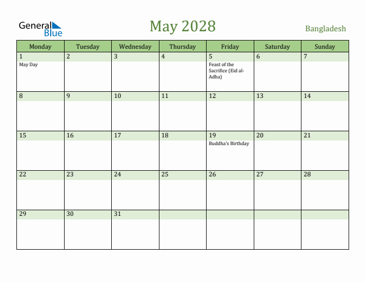 May 2028 Calendar with Bangladesh Holidays