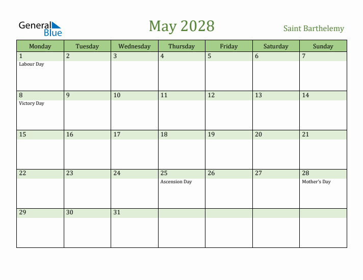 May 2028 Calendar with Saint Barthelemy Holidays