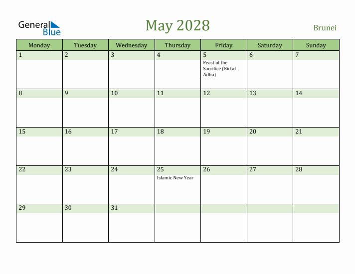 May 2028 Calendar with Brunei Holidays