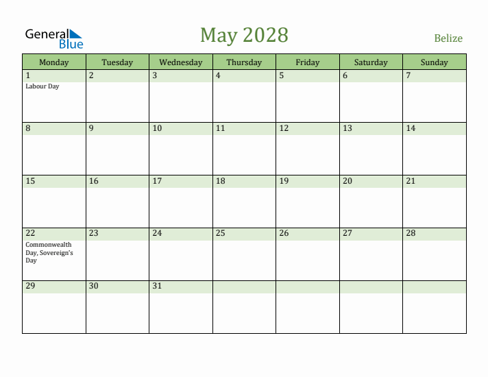 May 2028 Calendar with Belize Holidays