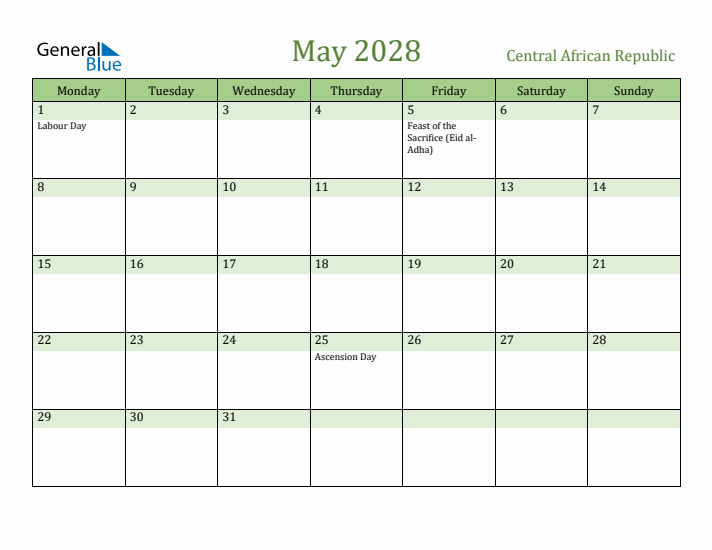 May 2028 Calendar with Central African Republic Holidays