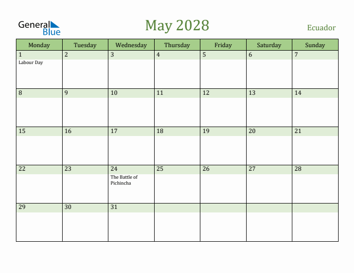 May 2028 Calendar with Ecuador Holidays