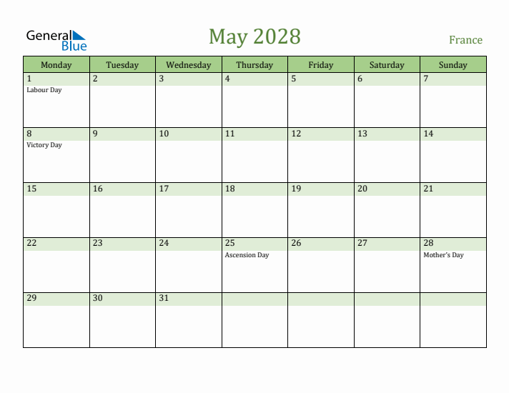 May 2028 Calendar with France Holidays