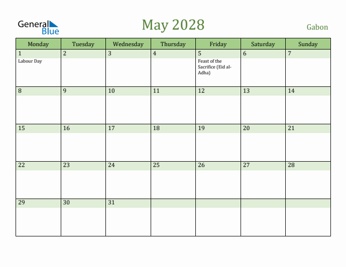 May 2028 Calendar with Gabon Holidays