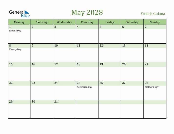 May 2028 Calendar with French Guiana Holidays