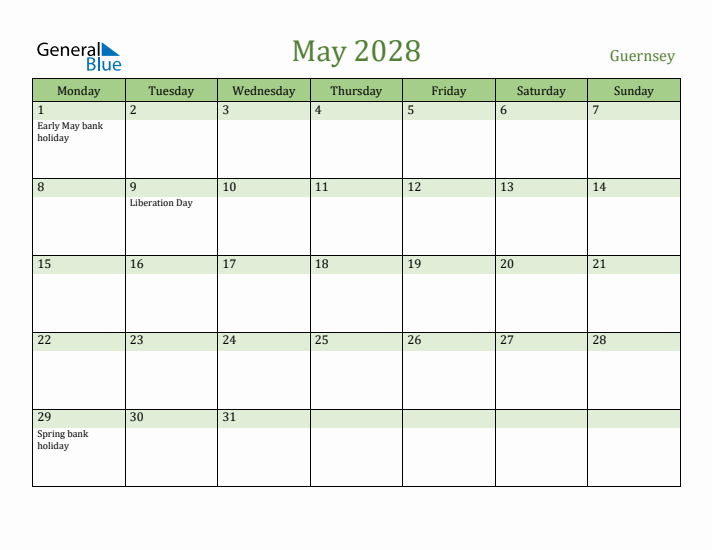 May 2028 Calendar with Guernsey Holidays