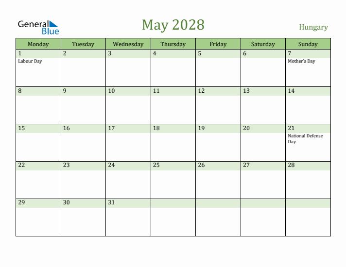 May 2028 Calendar with Hungary Holidays