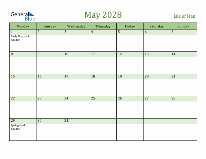 May 2028 Calendar with Isle of Man Holidays