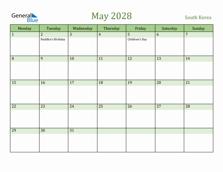 May 2028 Calendar with South Korea Holidays