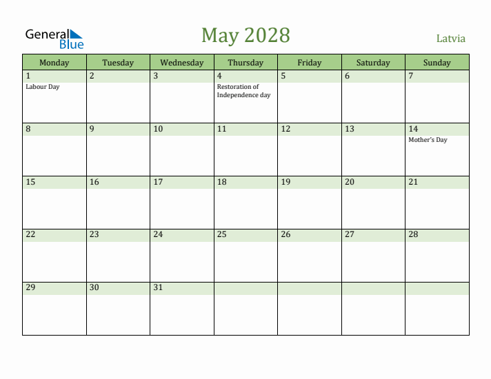 May 2028 Calendar with Latvia Holidays