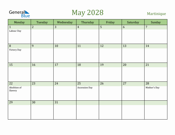 May 2028 Calendar with Martinique Holidays