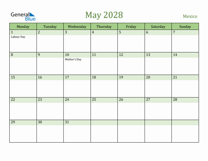 May 2028 Calendar with Mexico Holidays