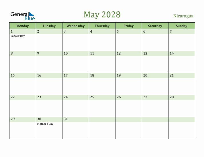 May 2028 Calendar with Nicaragua Holidays