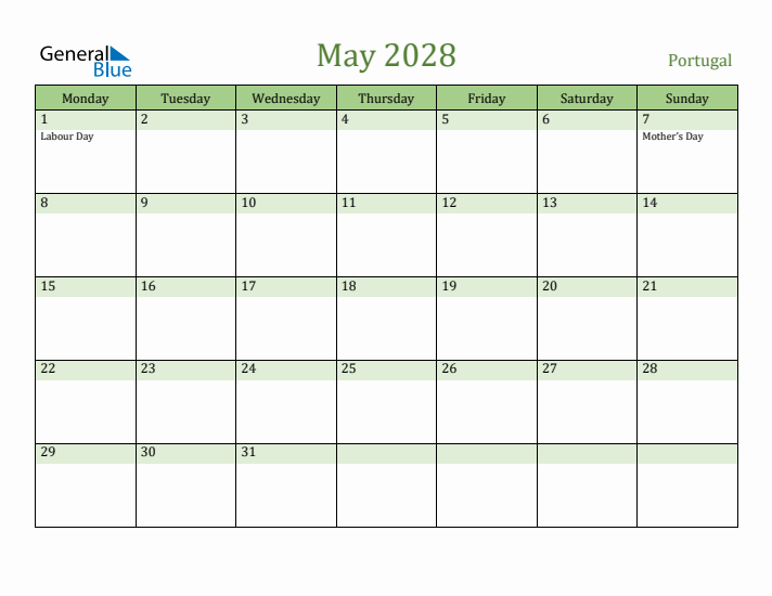 May 2028 Calendar with Portugal Holidays