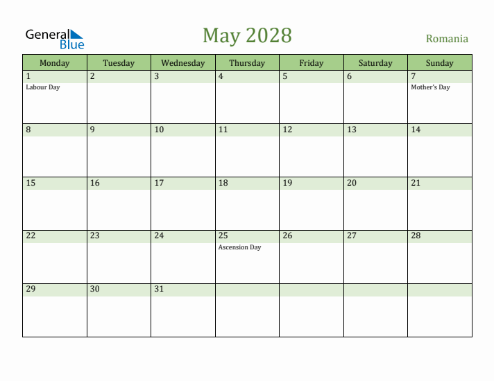 May 2028 Calendar with Romania Holidays