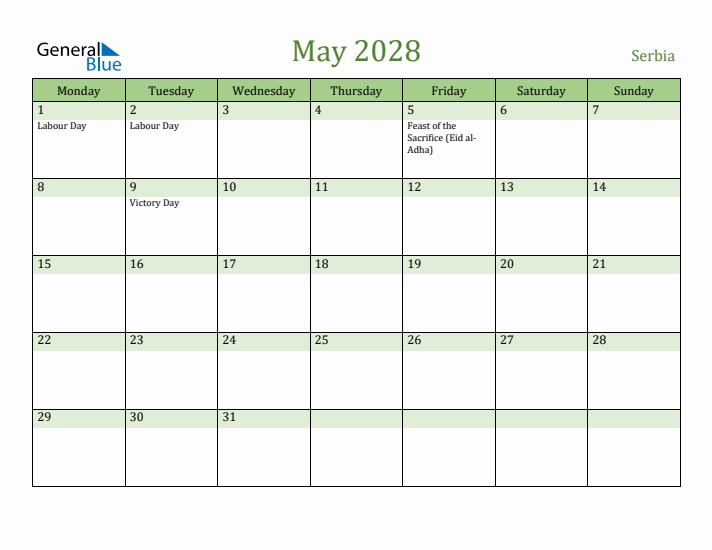 May 2028 Calendar with Serbia Holidays