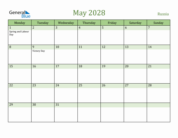 May 2028 Calendar with Russia Holidays