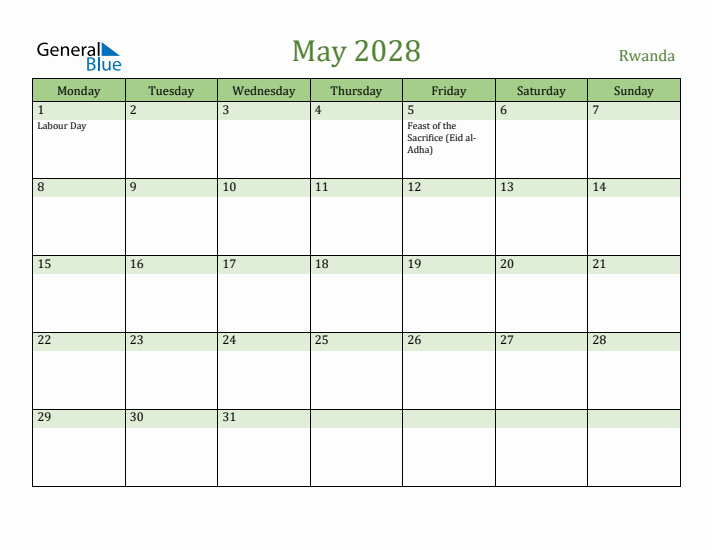 May 2028 Calendar with Rwanda Holidays