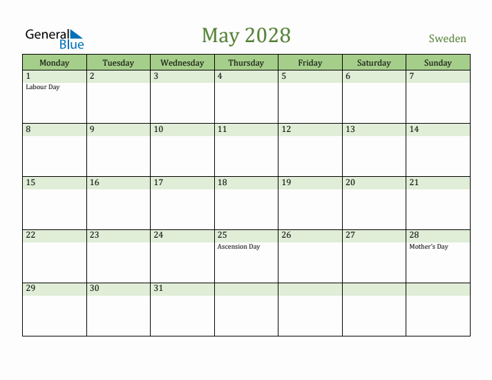 May 2028 Calendar with Sweden Holidays