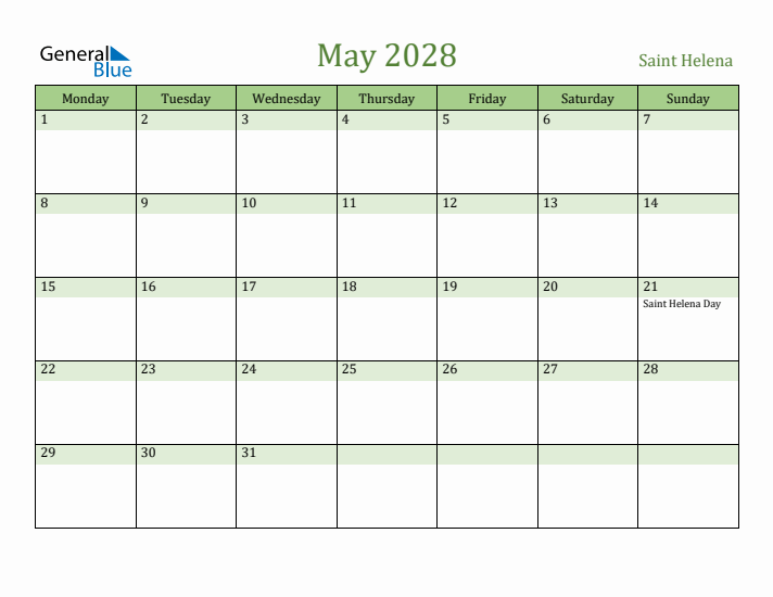 May 2028 Calendar with Saint Helena Holidays