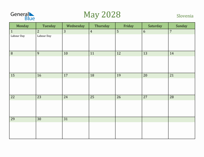 May 2028 Calendar with Slovenia Holidays