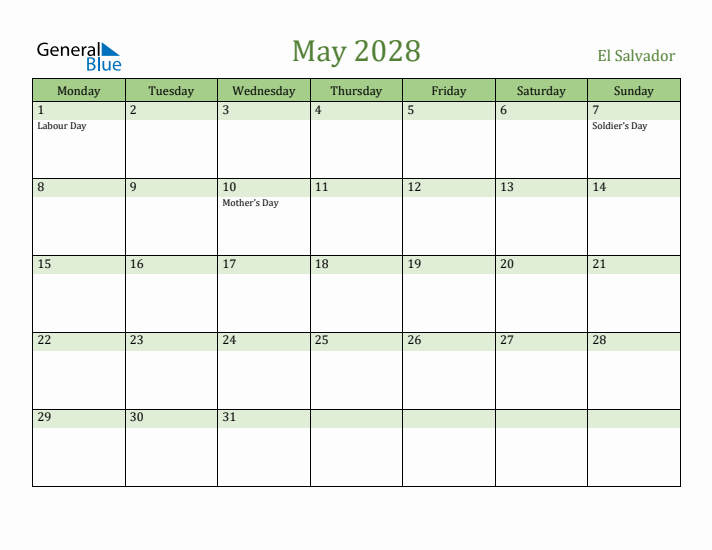 May 2028 Calendar with El Salvador Holidays