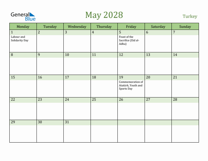 May 2028 Calendar with Turkey Holidays