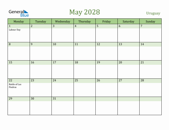 May 2028 Calendar with Uruguay Holidays