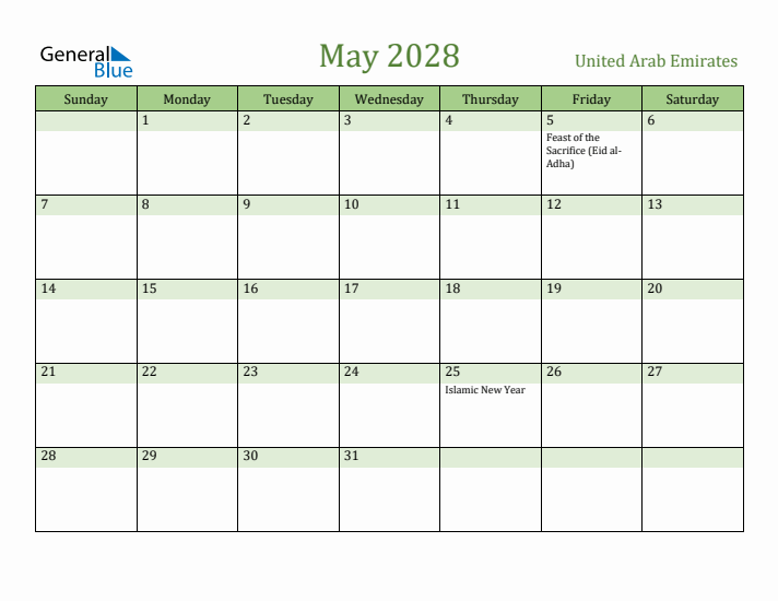 May 2028 Calendar with United Arab Emirates Holidays