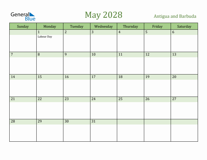 May 2028 Calendar with Antigua and Barbuda Holidays