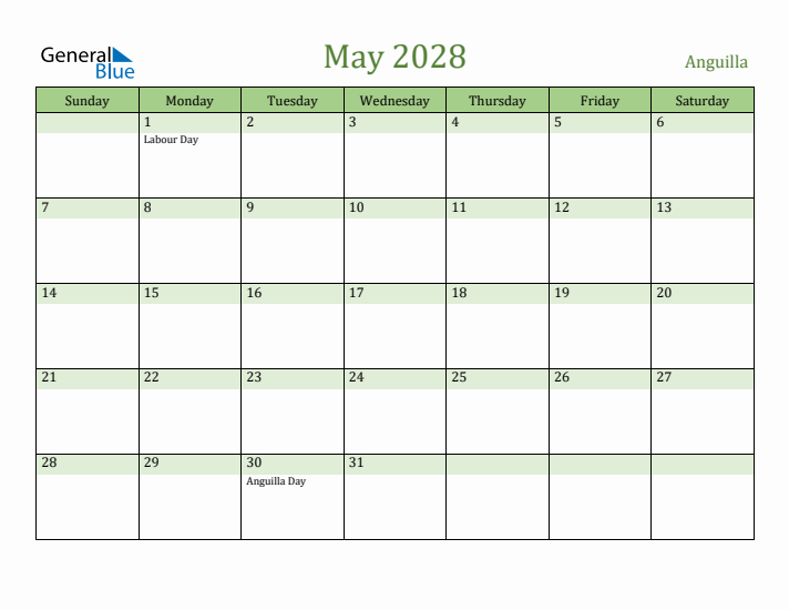 May 2028 Calendar with Anguilla Holidays