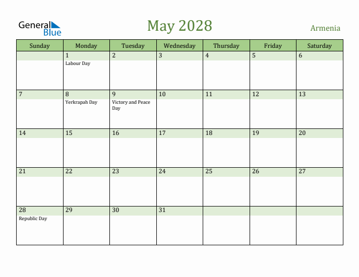 May 2028 Calendar with Armenia Holidays