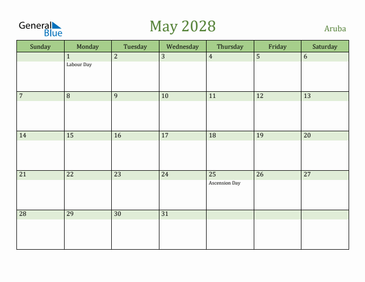 May 2028 Calendar with Aruba Holidays