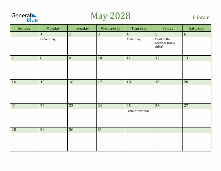 May 2028 Calendar with Bahrain Holidays