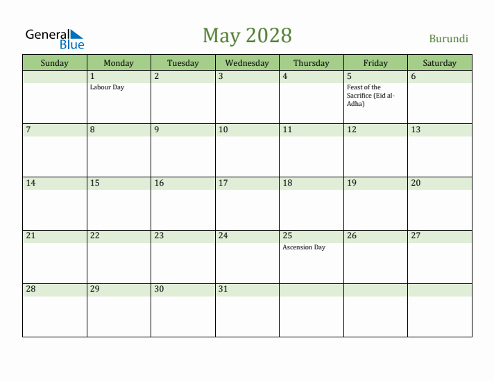 May 2028 Calendar with Burundi Holidays